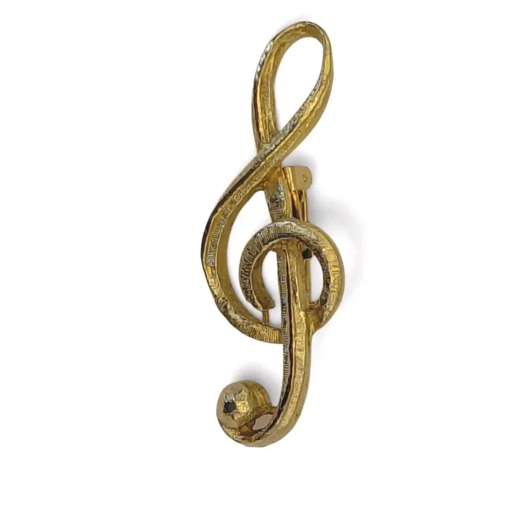 Vtg 1960's Trebel Clef Brooch Pin Gold Tone Unsigned Large Music Lover Musician
